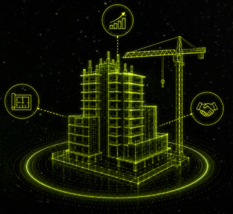Ilustración de un edificio en construcción con grúa, en trazos luminosos.