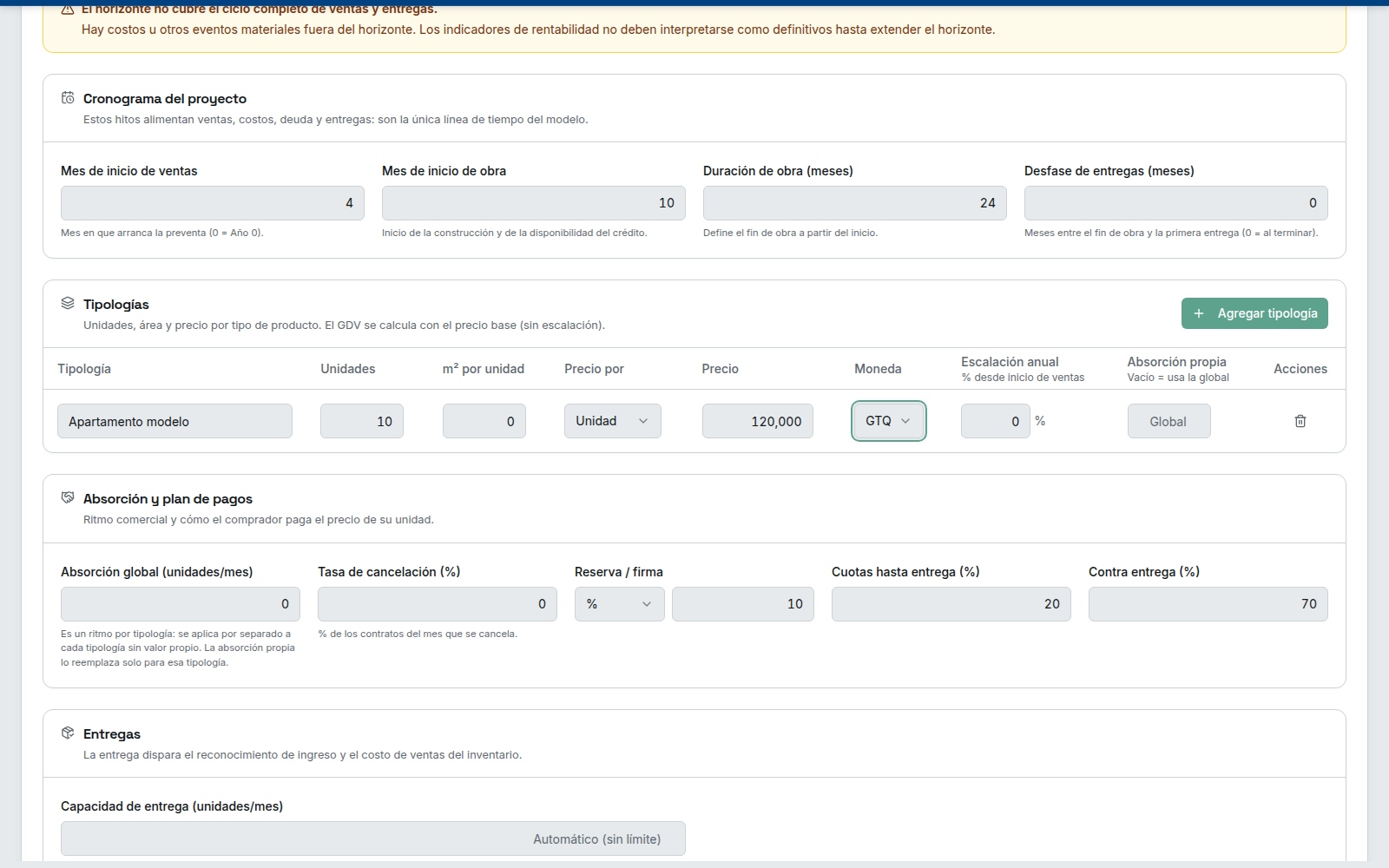 Pantalla real de configuración de un desarrollo inmobiliario dentro de Quanto