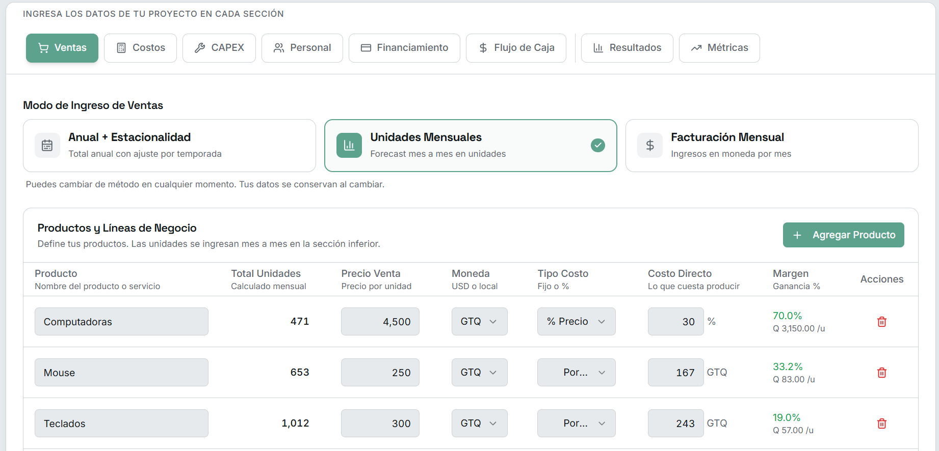 Entrada real de un proyecto general: productos, unidades, precios en GTQ y costos directos.