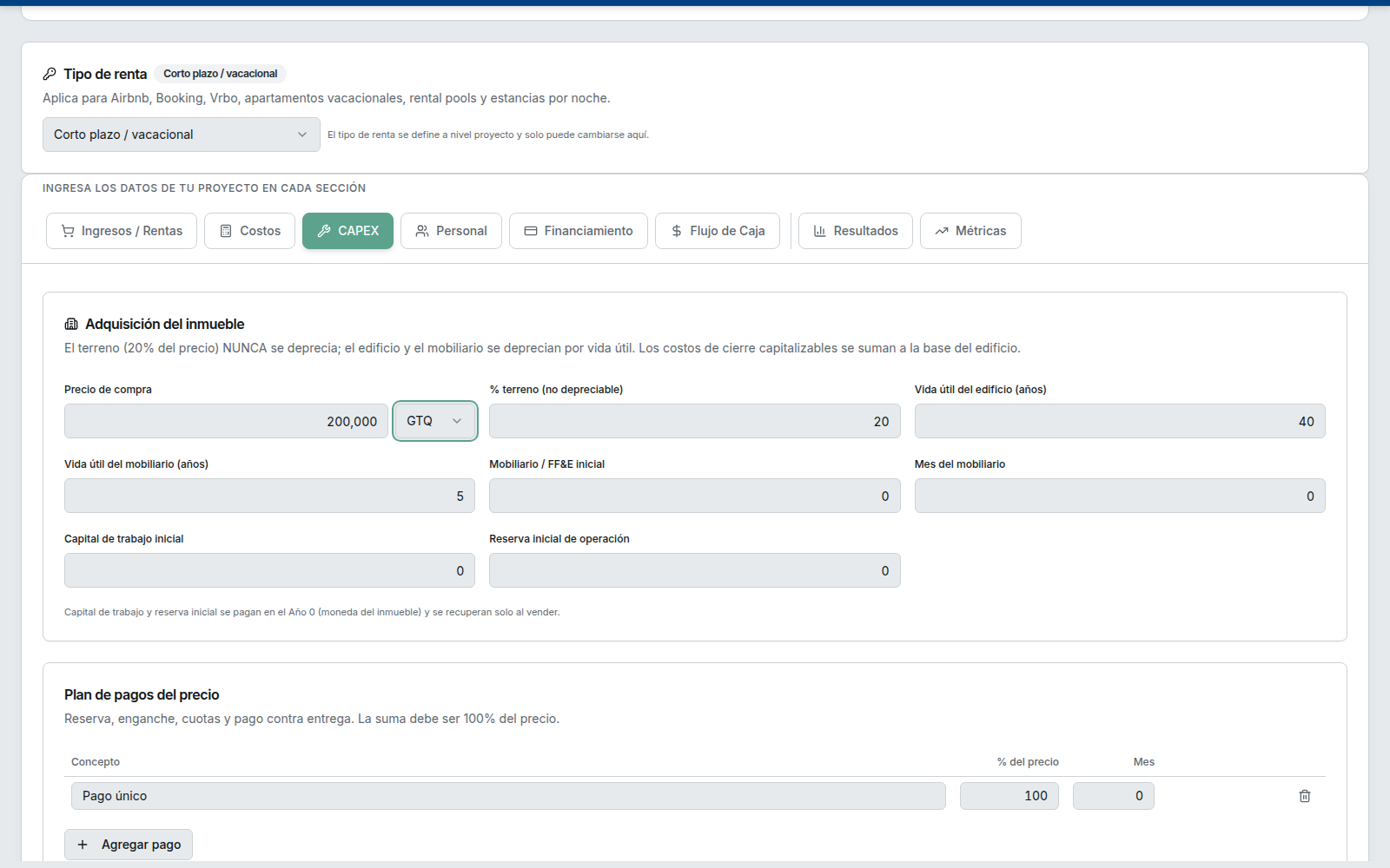 Vista real de configuración y financiamiento de un proyecto de rentas en Quanto